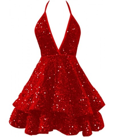 Women's Halter Sparkly Sequin Puffy Homecoming Dresses for Teens V Neck Short Cocktail Dresses Red $24.00 Dresses