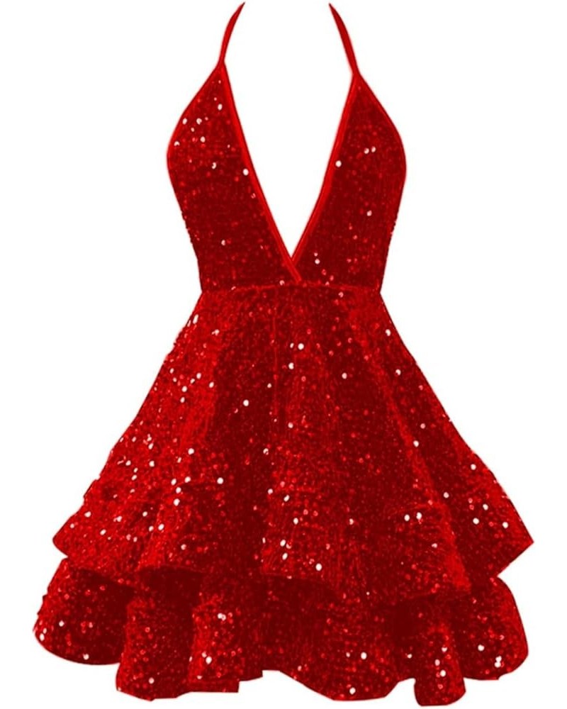 Women's Halter Sparkly Sequin Puffy Homecoming Dresses for Teens V Neck Short Cocktail Dresses Red $24.00 Dresses