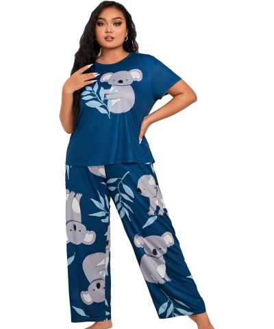 Women's Plus Size Short Sleeve Top And Pants Cute Pajama Lounge Set With Eyemask Blue and Grey $19.03 Sleep & Lounge