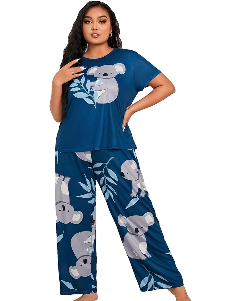 Women's Plus Size Short Sleeve Top And Pants Cute Pajama Lounge Set With Eyemask Blue and Grey $19.03 Sleep & Lounge