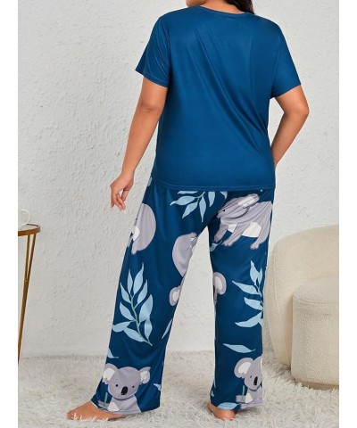 Women's Plus Size Short Sleeve Top And Pants Cute Pajama Lounge Set With Eyemask Blue and Grey $19.03 Sleep & Lounge