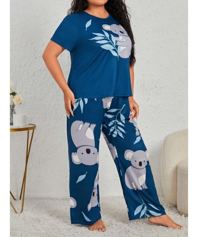 Women's Plus Size Short Sleeve Top And Pants Cute Pajama Lounge Set With Eyemask Blue and Grey $19.03 Sleep & Lounge