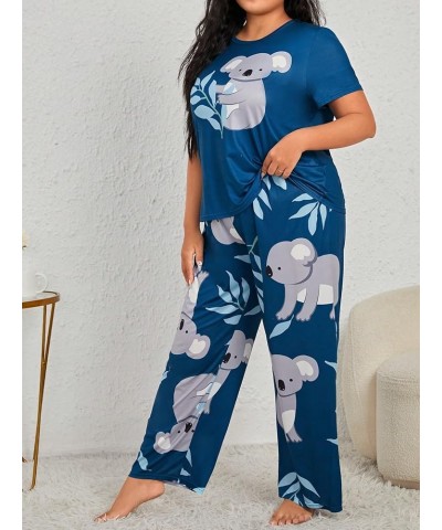 Women's Plus Size Short Sleeve Top And Pants Cute Pajama Lounge Set With Eyemask Blue and Grey $19.03 Sleep & Lounge