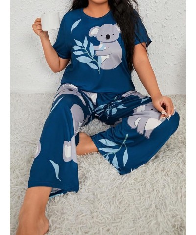 Women's Plus Size Short Sleeve Top And Pants Cute Pajama Lounge Set With Eyemask Blue and Grey $19.03 Sleep & Lounge