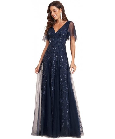 Women's Sequin Sparkly V-Neck Short Sleeve Maxi Evening Dress Prom Gowns 00734 Navy Blue $42.09 Dresses