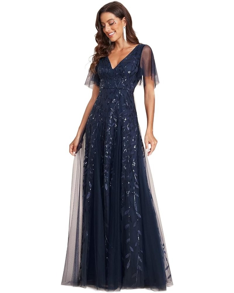 Women's Sequin Sparkly V-Neck Short Sleeve Maxi Evening Dress Prom Gowns 00734 Navy Blue $42.09 Dresses