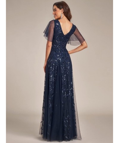 Women's Sequin Sparkly V-Neck Short Sleeve Maxi Evening Dress Prom Gowns 00734 Navy Blue $42.09 Dresses