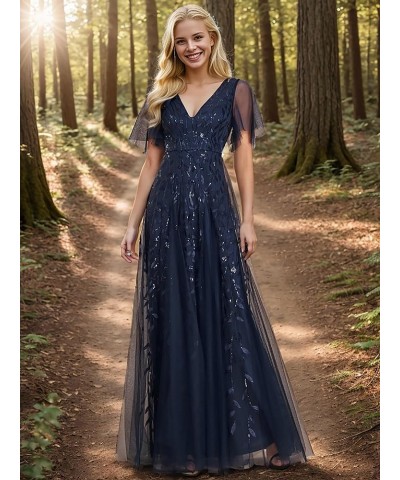 Women's Sequin Sparkly V-Neck Short Sleeve Maxi Evening Dress Prom Gowns 00734 Navy Blue $42.09 Dresses