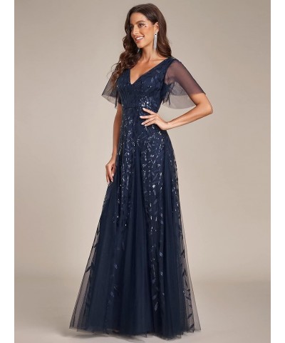 Women's Sequin Sparkly V-Neck Short Sleeve Maxi Evening Dress Prom Gowns 00734 Navy Blue $42.09 Dresses