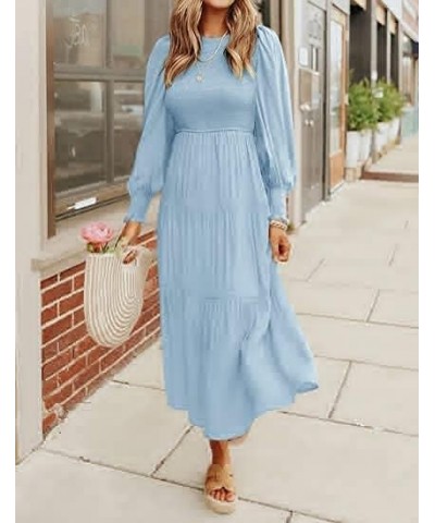 Women's Long Sleeve Elastic Bust Crew Neck Print Casual Flowy Summer Fall Midi Dresses 3 Light Blue $27.83 Dresses