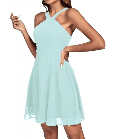 Women's Halter Neck Sleeveless Ruffle Hem Flowy A Line Mini Short Dress Baby Blue $21.20 Dresses