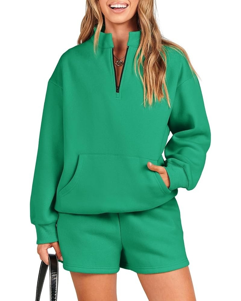 Women 2 Piece Outfits Sweatsuit Oversized Half Zip Collared Sweatshirt & Short Set Lounge Wear Tracksuit Set Green $27.83 Act...