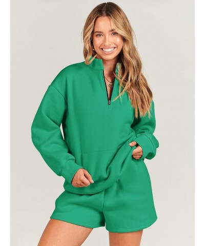 Women 2 Piece Outfits Sweatsuit Oversized Half Zip Collared Sweatshirt & Short Set Lounge Wear Tracksuit Set Green $27.83 Act...