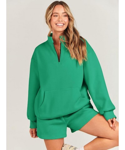 Women 2 Piece Outfits Sweatsuit Oversized Half Zip Collared Sweatshirt & Short Set Lounge Wear Tracksuit Set Green $27.83 Act...