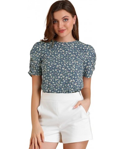 Women's Floral Blouse Crew Neck Valentine's Day Casual Shirred Short Sleeve Top Blue $13.72 Blouses