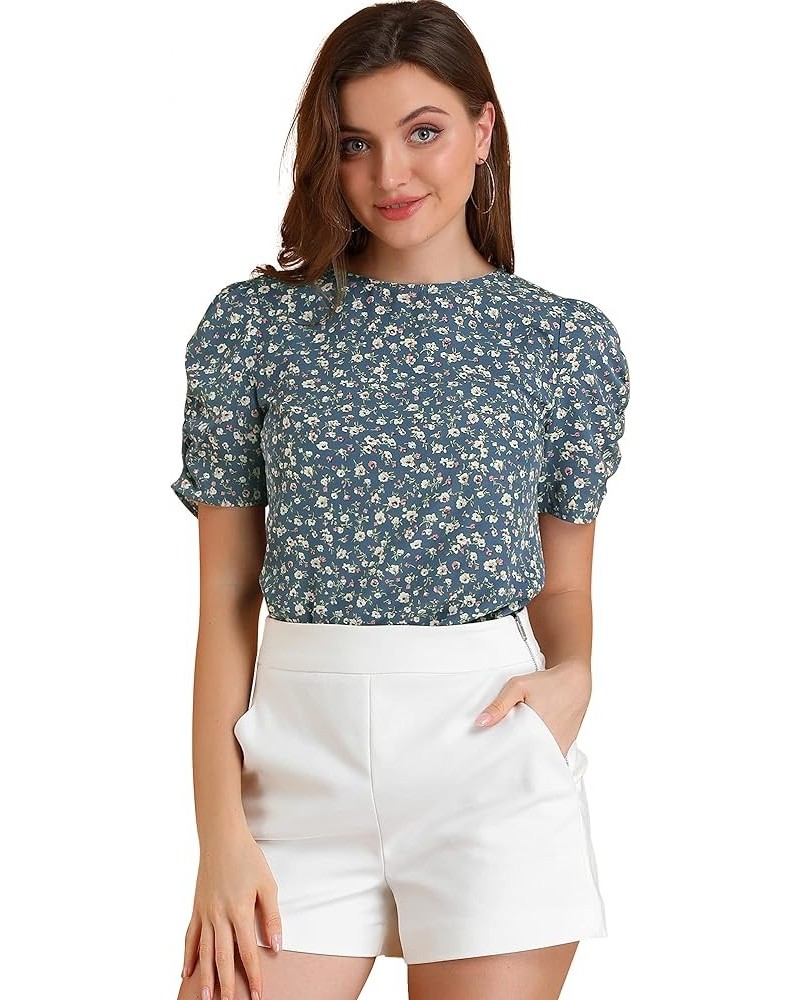 Women's Floral Blouse Crew Neck Valentine's Day Casual Shirred Short Sleeve Top Blue $13.72 Blouses