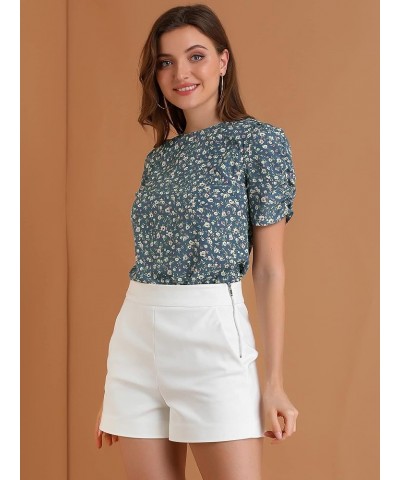 Women's Floral Blouse Crew Neck Valentine's Day Casual Shirred Short Sleeve Top Blue $13.72 Blouses