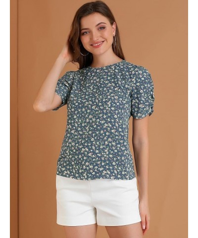 Women's Floral Blouse Crew Neck Valentine's Day Casual Shirred Short Sleeve Top Blue $13.72 Blouses