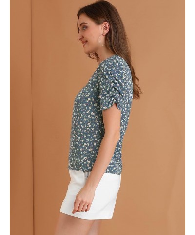 Women's Floral Blouse Crew Neck Valentine's Day Casual Shirred Short Sleeve Top Blue $13.72 Blouses