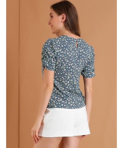 Women's Floral Blouse Crew Neck Valentine's Day Casual Shirred Short Sleeve Top Blue $13.72 Blouses