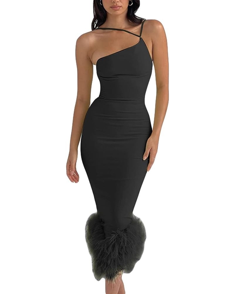 Women's Sleeveless Bodycon Long Dress Backless Feather Trim Spaghetti Strap Solid Color Dress Cocktail Party A-black $12.60 D...