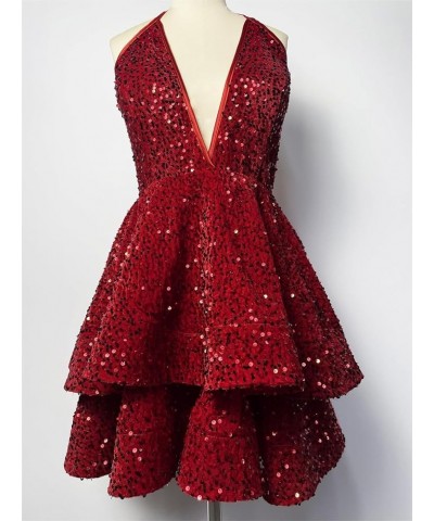 Women's Halter Sparkly Sequin Puffy Homecoming Dresses for Teens V Neck Short Cocktail Dresses Red $24.00 Dresses