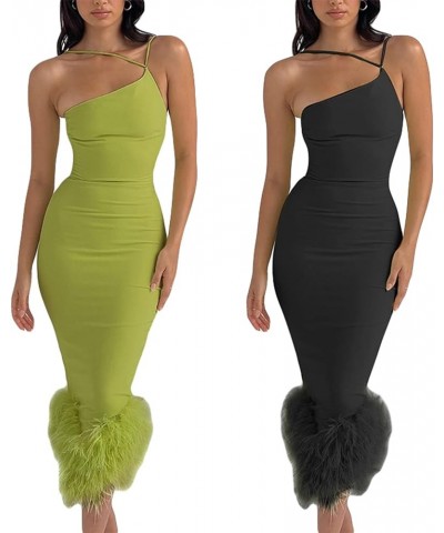 Women's Sleeveless Bodycon Long Dress Backless Feather Trim Spaghetti Strap Solid Color Dress Cocktail Party A-black $12.60 D...