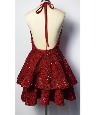 Women's Halter Sparkly Sequin Puffy Homecoming Dresses for Teens V Neck Short Cocktail Dresses Red $24.00 Dresses