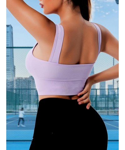 Women Sports Yoga Bras Stretchy Gym Work Out Sets Padded Seamless Knit Crop Tops Activewear (2 Pack) Square Neck White+purple...