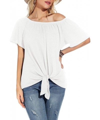 Womens Waffle Knit Off The Shoulder Tops Casual Short Sleeve Blouses Summer Tie Knot Loose T-Shirt White $11.19 Blouses