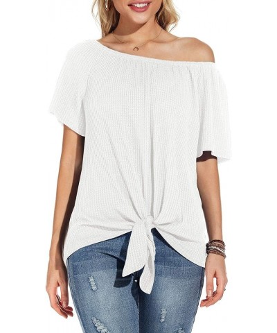 Womens Waffle Knit Off The Shoulder Tops Casual Short Sleeve Blouses Summer Tie Knot Loose T-Shirt White $11.19 Blouses