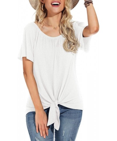 Womens Waffle Knit Off The Shoulder Tops Casual Short Sleeve Blouses Summer Tie Knot Loose T-Shirt White $11.19 Blouses