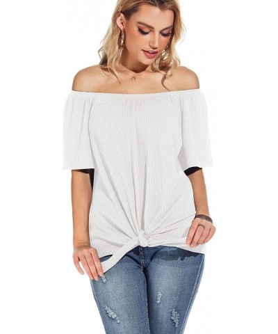 Womens Waffle Knit Off The Shoulder Tops Casual Short Sleeve Blouses Summer Tie Knot Loose T-Shirt White $11.19 Blouses