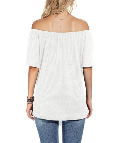 Womens Waffle Knit Off The Shoulder Tops Casual Short Sleeve Blouses Summer Tie Knot Loose T-Shirt White $11.19 Blouses