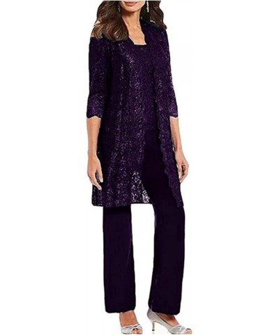 3 PC Chiffon and Lace Plus Size Women Pant Suits Mother of The Bride Wedding Evening Groom Gowns Purple $37.09 Suits