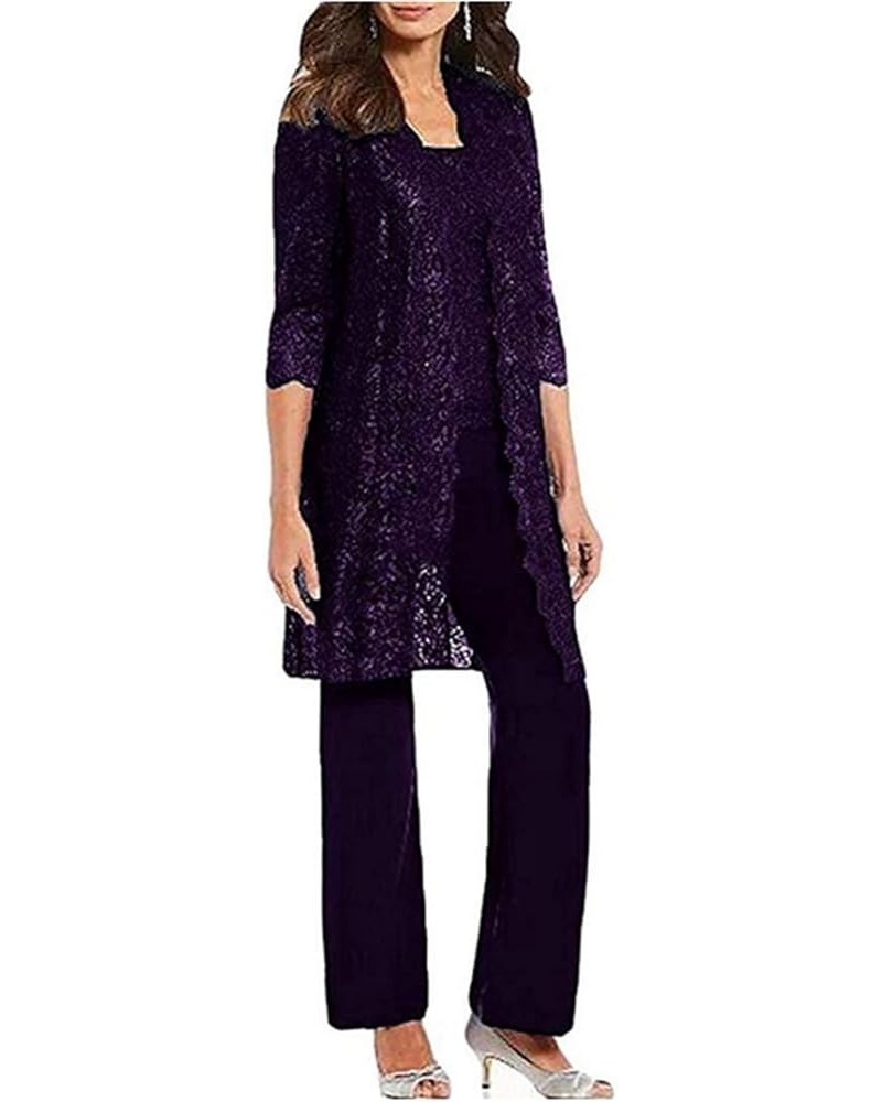 3 PC Chiffon and Lace Plus Size Women Pant Suits Mother of The Bride Wedding Evening Groom Gowns Purple $37.09 Suits