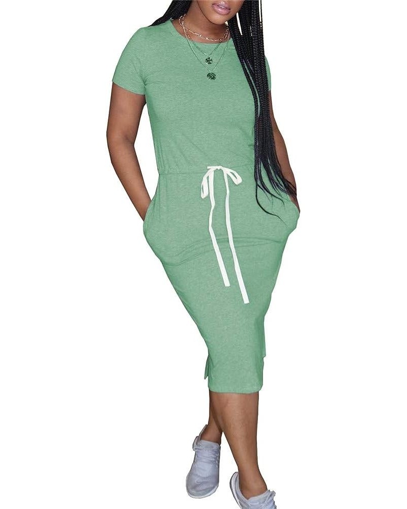 Womens Casual Short Sleeve Drawstring Waist T-Shirt Midi Dress with Pockets Light Green $13.92 Dresses