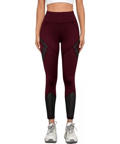 Women's Stretchy Skinny Sheer Mesh Insert Workout Leggings Yoga Tights Burgundy $13.44 Activewear