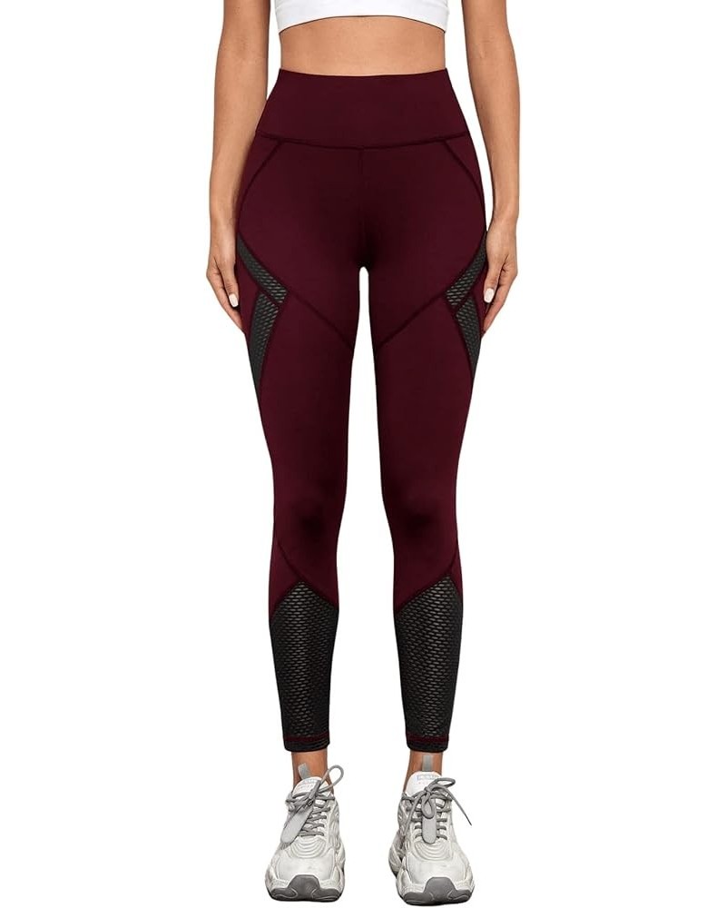 Women's Stretchy Skinny Sheer Mesh Insert Workout Leggings Yoga Tights Burgundy $13.44 Activewear