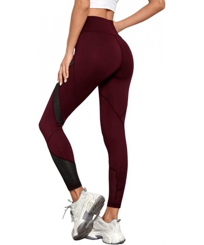 Women's Stretchy Skinny Sheer Mesh Insert Workout Leggings Yoga Tights Burgundy $13.44 Activewear