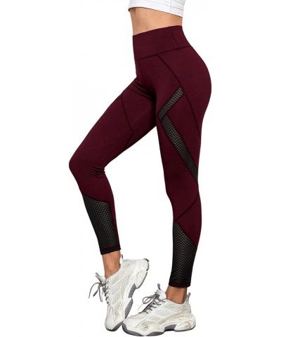 Women's Stretchy Skinny Sheer Mesh Insert Workout Leggings Yoga Tights Burgundy $13.44 Activewear