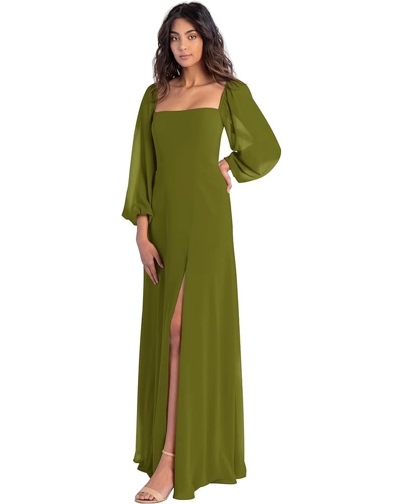 Long Sleeve Square Neck Bridesmaid Dresses with Slit Chiffon A Line Formal Evening Dress for Women Wedding Olive $33.13 Dresses