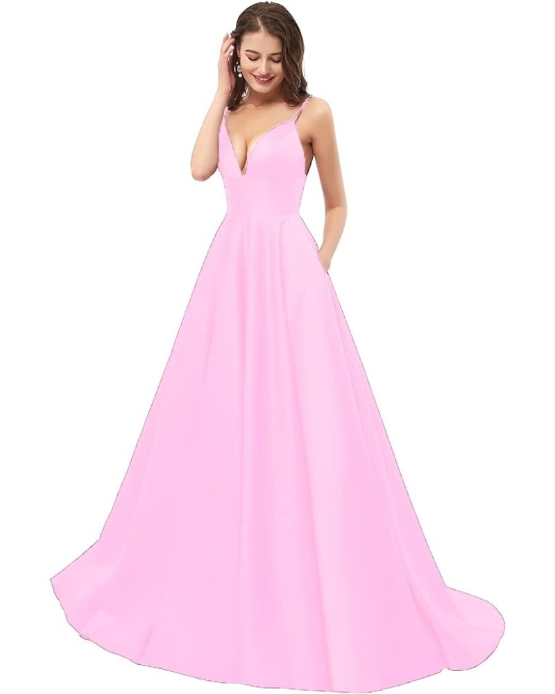 V Neck Prom Dresses 2024 Long Satin Bridesmaid Dress A-Line Spaghetti Strap Formal Evening Ball Gowns for Women Pink $41.79 D...