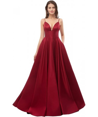 V Neck Prom Dresses 2024 Long Satin Bridesmaid Dress A-Line Spaghetti Strap Formal Evening Ball Gowns for Women Pink $41.79 D...