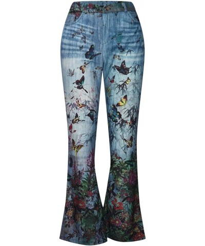 Plus Size Jeans for Women Butterfly Print Straight Wide Leg Trendy Flare Pants Lightweight Comfort Lounge Jeans with Pocket Z...