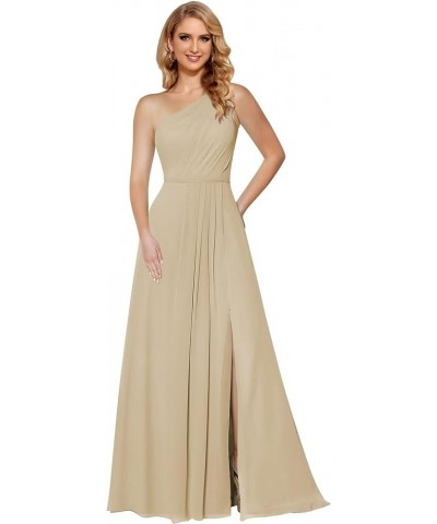 Women's One Shoulder Bridesmaid Dresses Long with Slit Ruched Chiffon Formal Party Dress with Pockets CM084 Champagne $31.36 ...