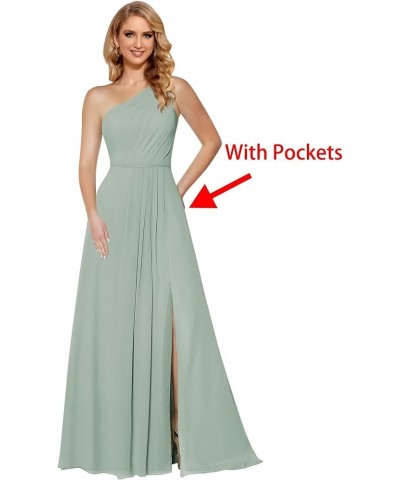 Women's One Shoulder Bridesmaid Dresses Long with Slit Ruched Chiffon Formal Party Dress with Pockets CM084 Champagne $31.36 ...