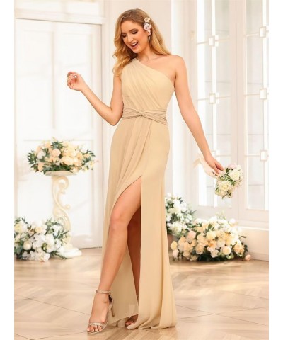 Women's One Shoulder Bridesmaid Dresses Long with Slit Ruched Chiffon Formal Party Dress with Pockets CM084 Champagne $31.36 ...