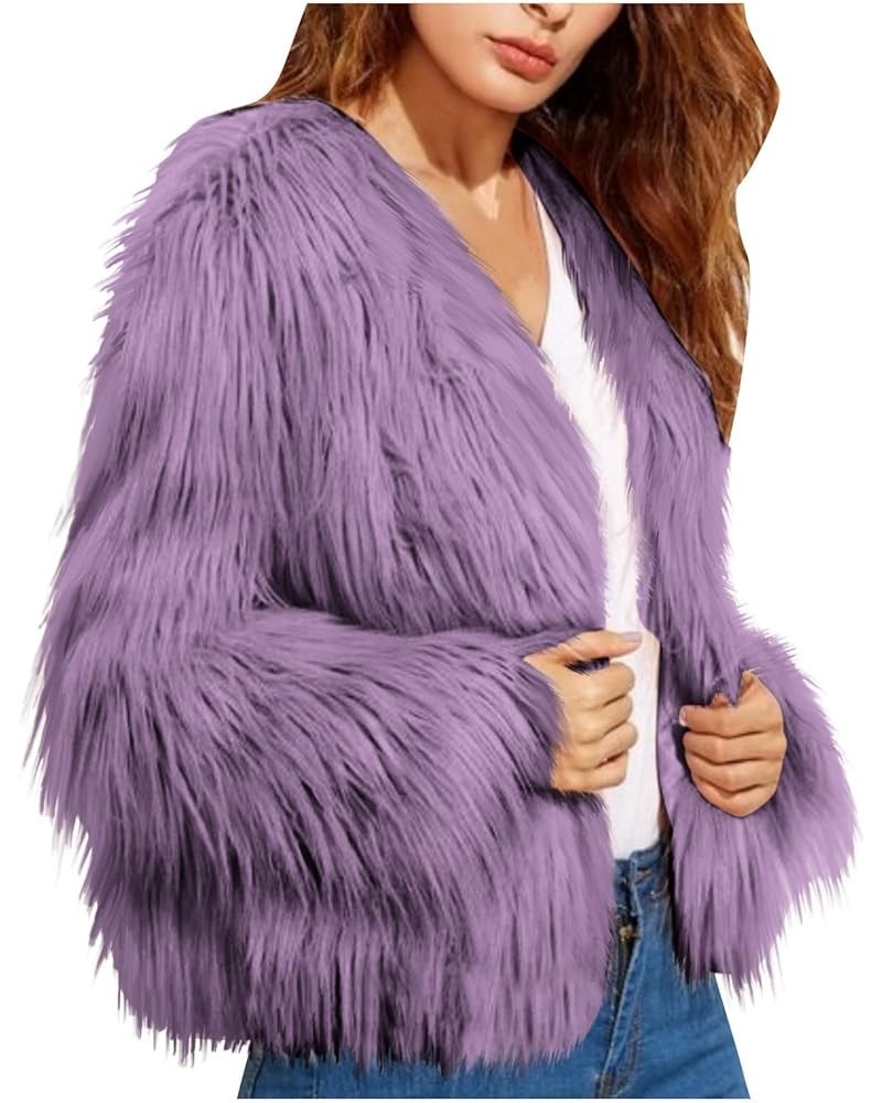 Winter Coats for Women Warm Faux Fur Coat Fashion Cropped Puffer Jackets for Evening Dresses Formal Fuzzy Cardigans J Purple ...