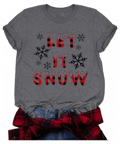 Merry Christmas Shirts for Women Xmas Buffalo Plaid Tree Shirt Top Short Sleeve Casual Graphic Print T Shirt Let It Snow-grey...